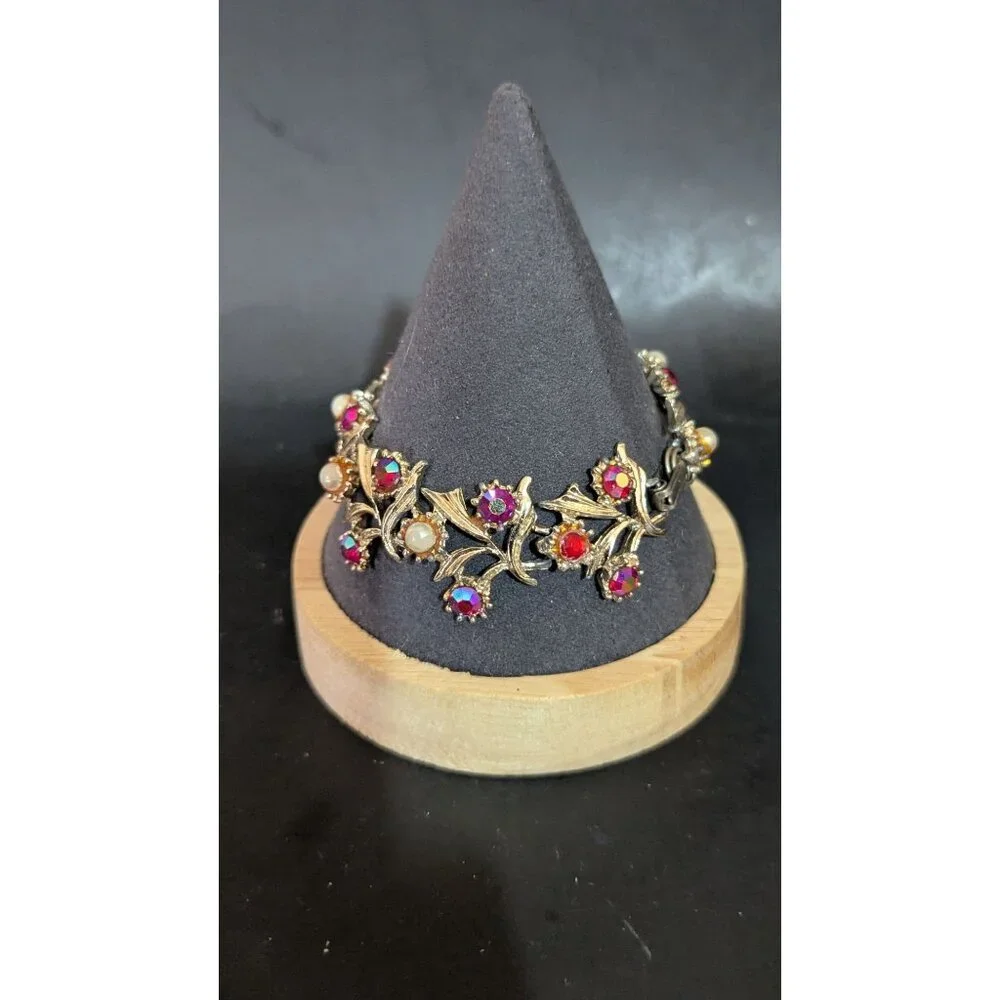 Vintage‎ Aurora Borealis Rhinestone Bracelet Gold-Tone Floral 7
